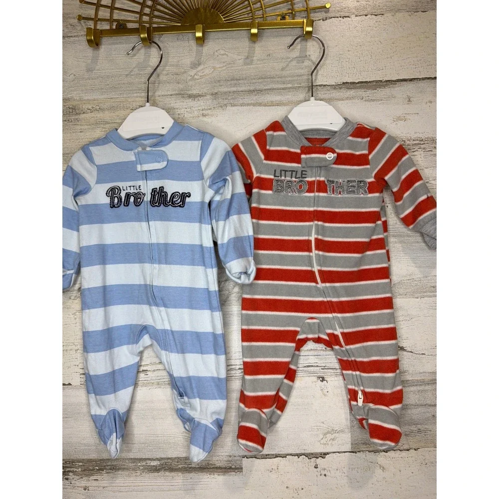 Carter's Sleep and Play Boys Newborn Blue Orange Little Brother Striped EUC